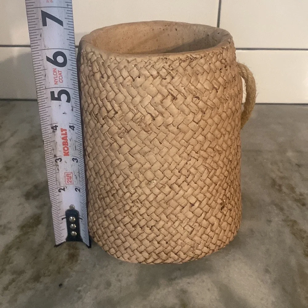 concrete woven basket planter with vegan rope handle. Heavy. Artsy boho cottage